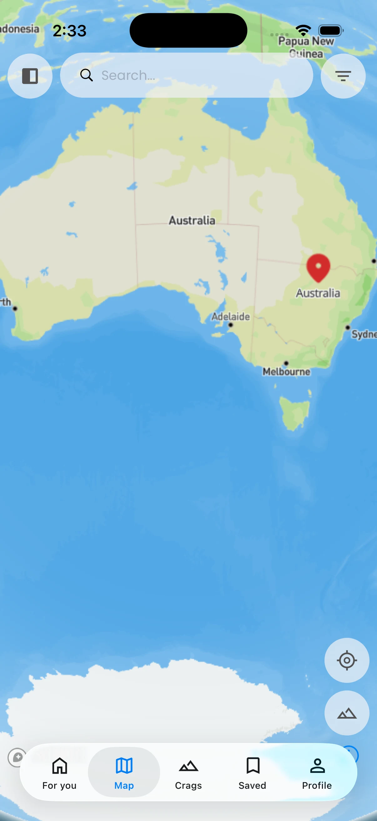 Explore map showing climbing area pins.