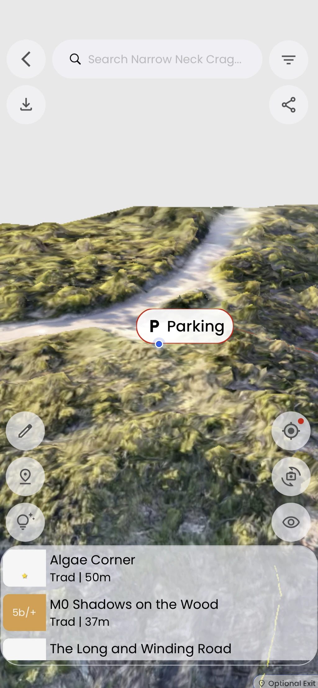 A blue location marker beside the Parking landmark in the Narrow Neck Crag 3D guide.