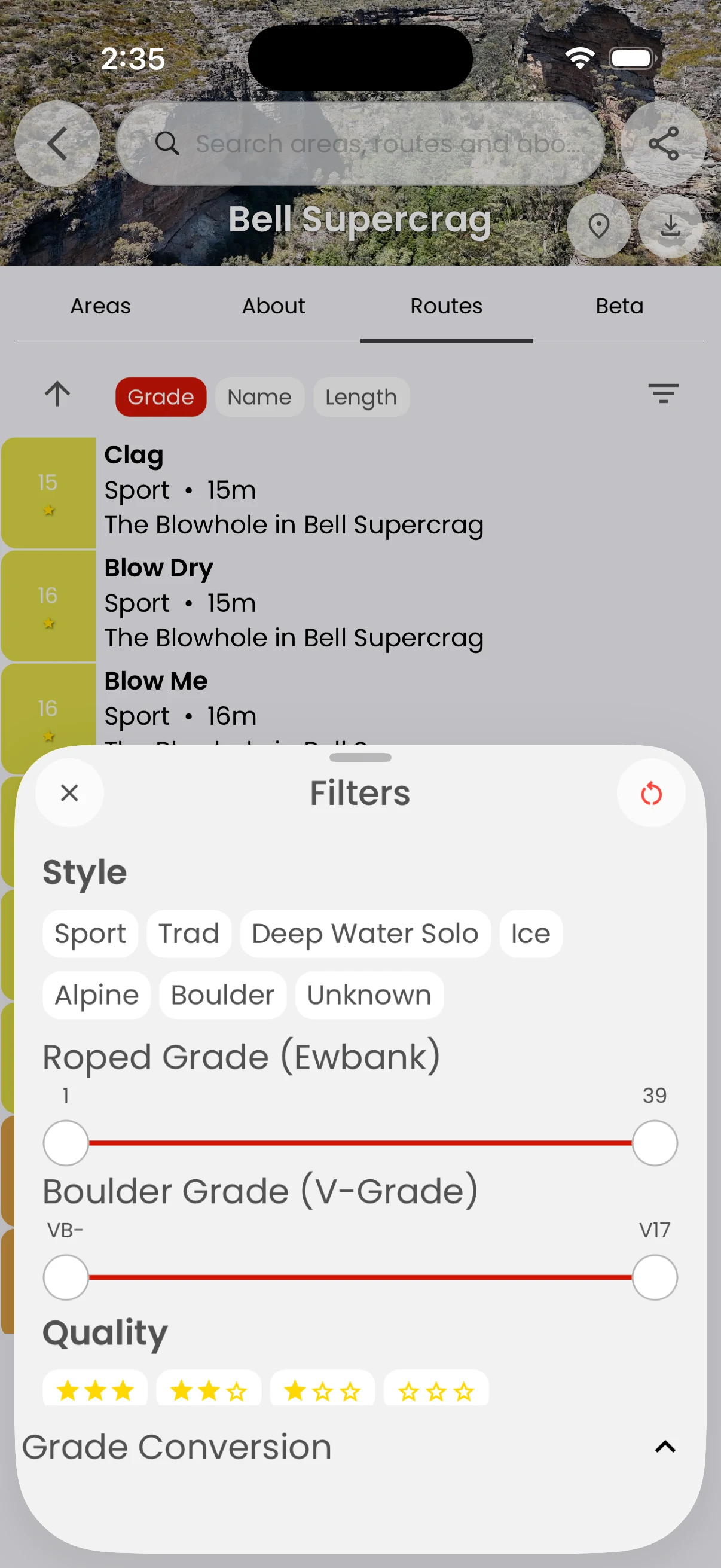 Route filters for style, grade, and quality.