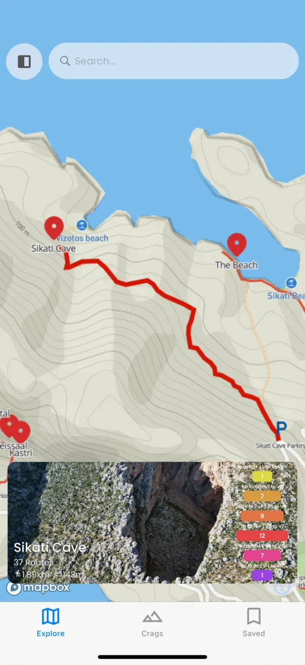 Map view with a red approach line from parking to Sikati Cave and nearby pins.