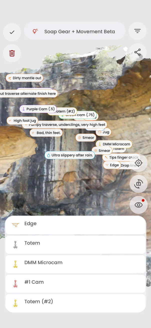 3D route annotation view with movement beta and gear notes pinned to a rock model.